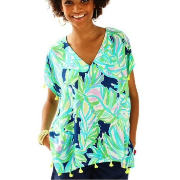 Lilly Pulitzer | Sydney Caftan Resort Navy Uptown Trunk Tassel Top - Picture 1 of 11